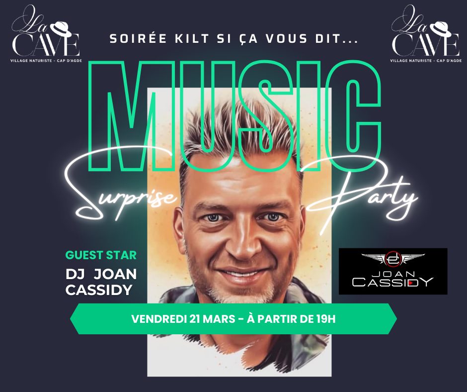 Visuel de l'événement Soirée Surprise Party avec DJ Joan Cassidy au Cap d'Agde