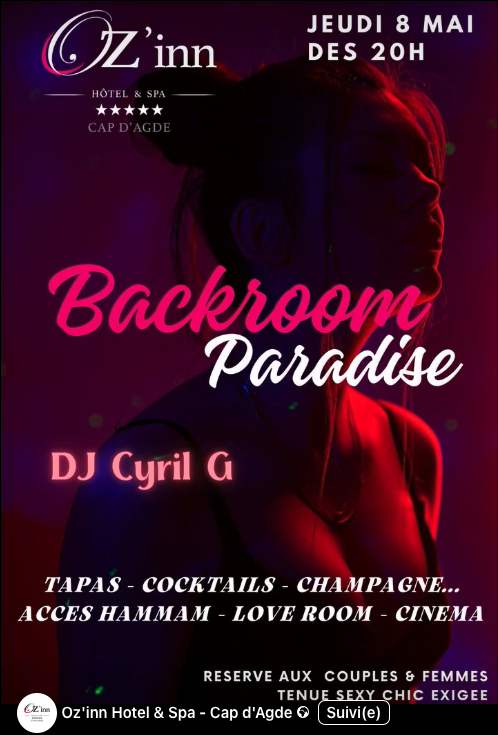 Visuel de l'événement Backroom Paradise à l’Hôtel & Spa Oz’Inn au Cap d'Agde
